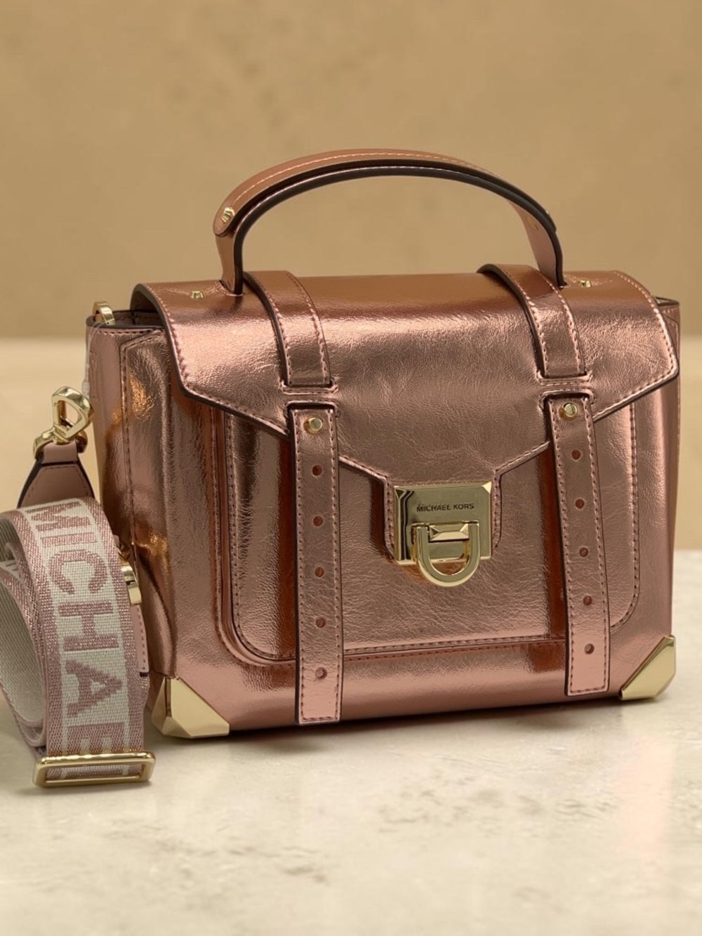 MICHAEL KORS Manhattan Medium Patent Faux Leather Satchel